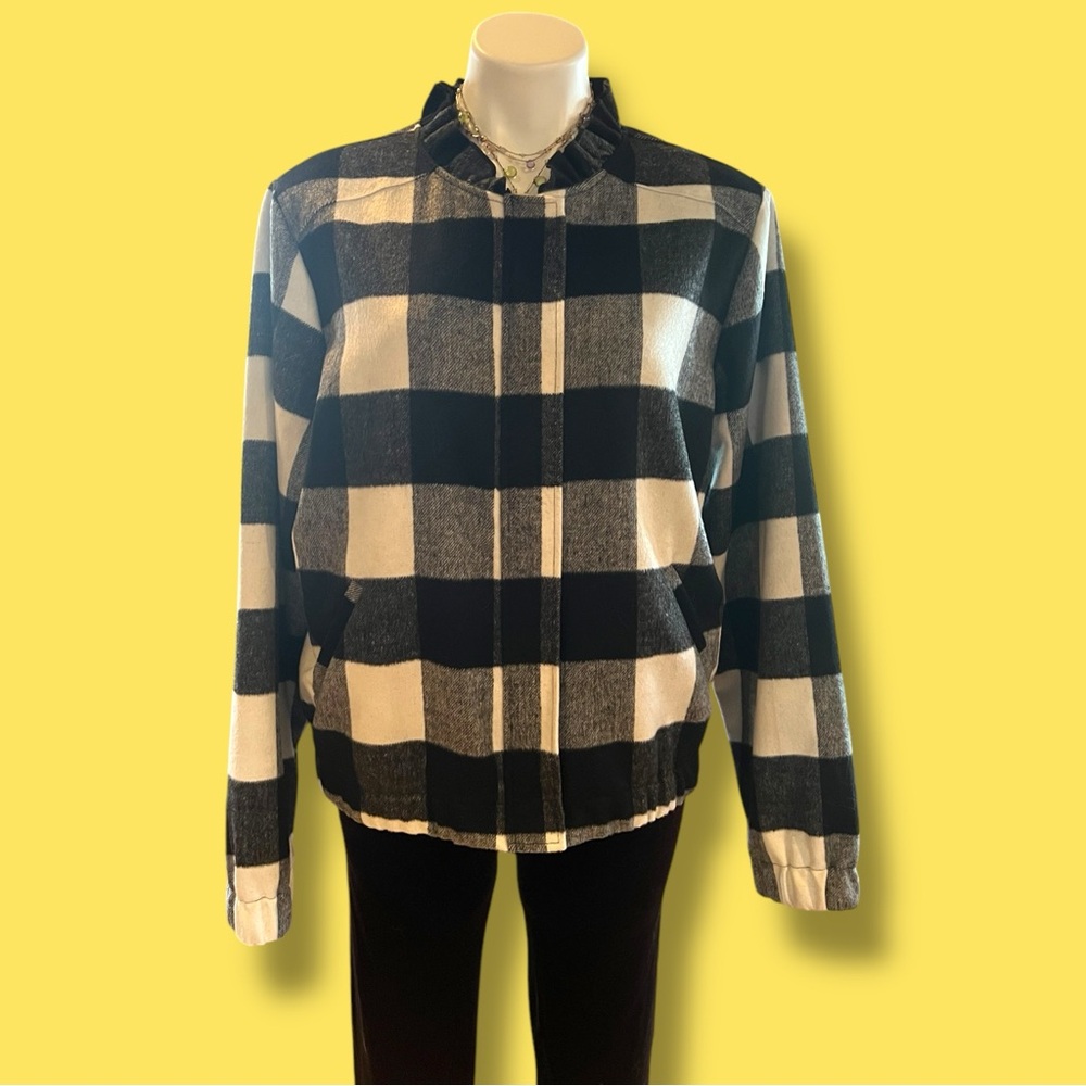 NWT Christopher & Banks B&W Plaid Bomber Zip Lined Jacket Size XL Ruffle Collar
